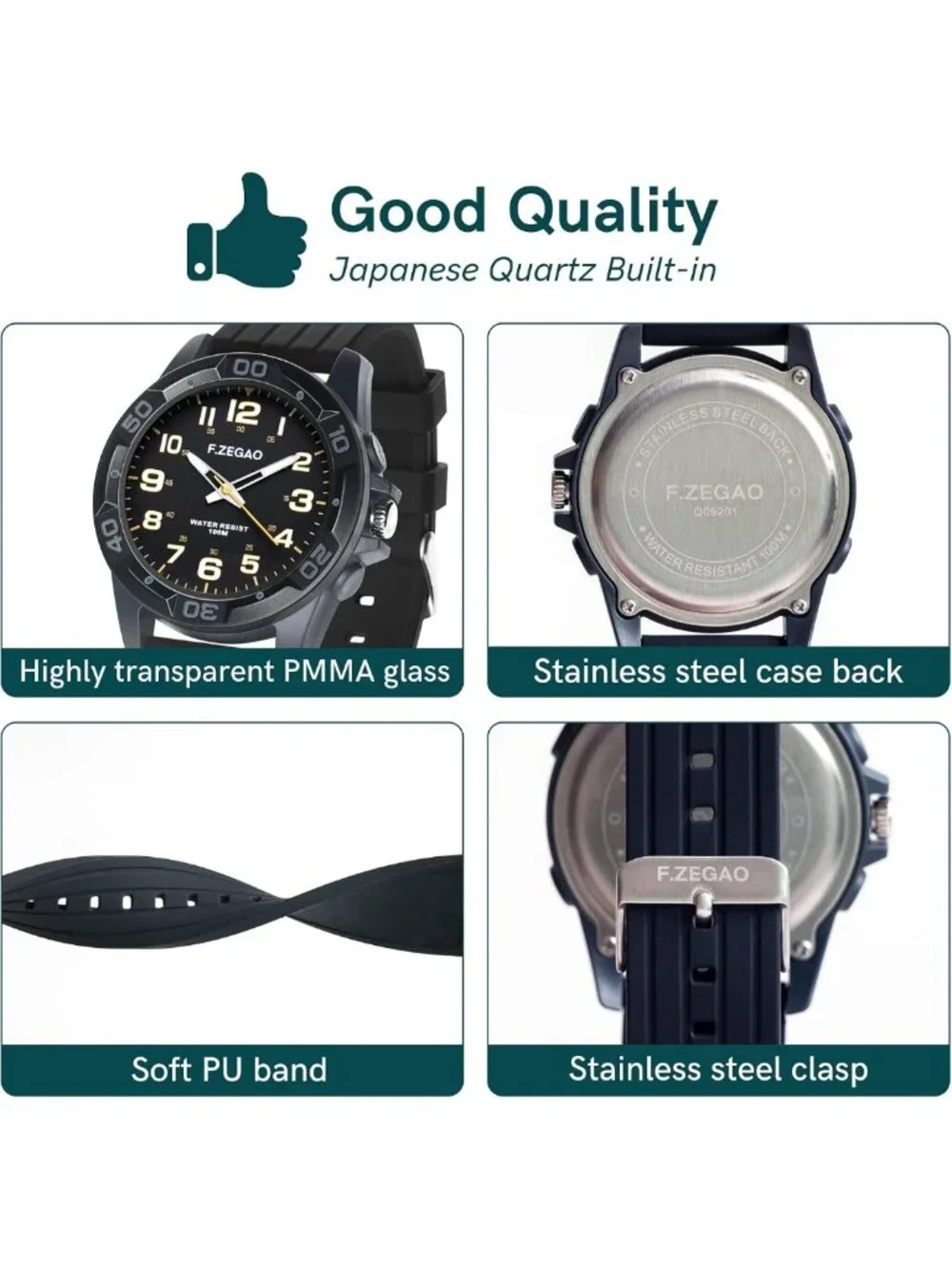 Waterproof 100M Analog Watch for Swimming, Easy Read Unisex Diver, 45mm Diameter